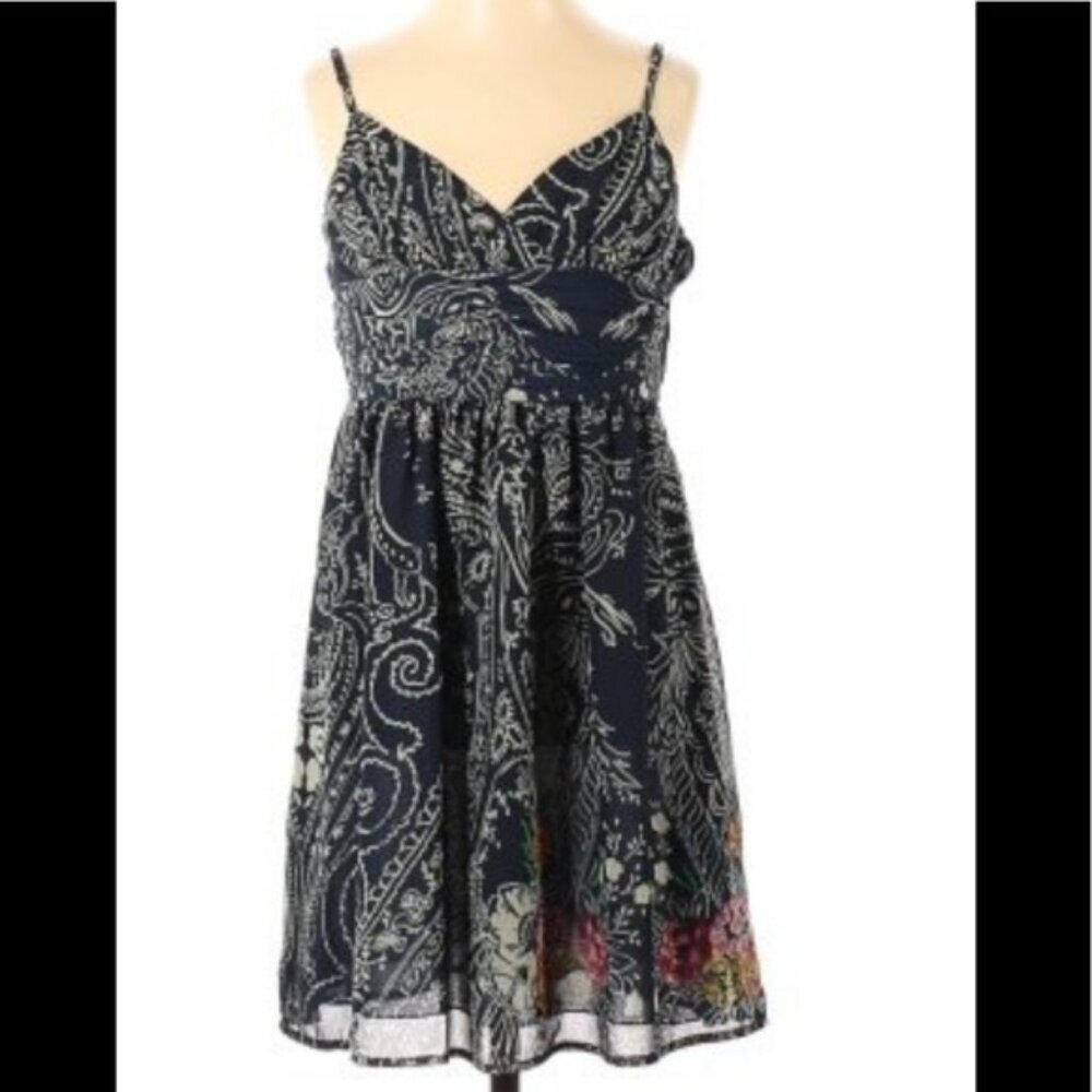 Anthropologie Starting At Stars Boho Ruched Mini Dress Print Sundress Strap Fit